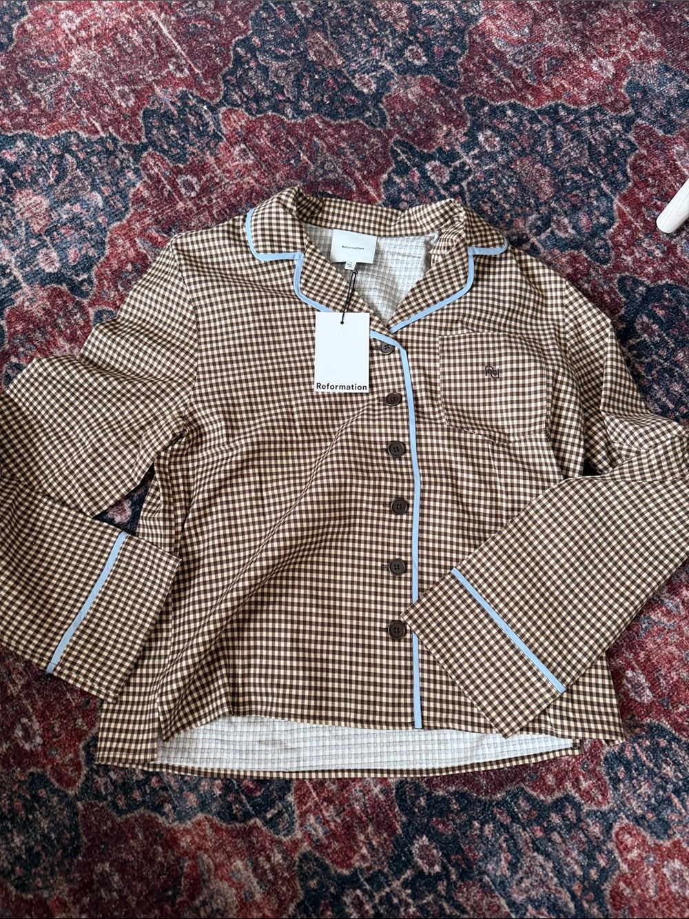 Reformation Brown Gingham Pajama Top with Light Blue Piping